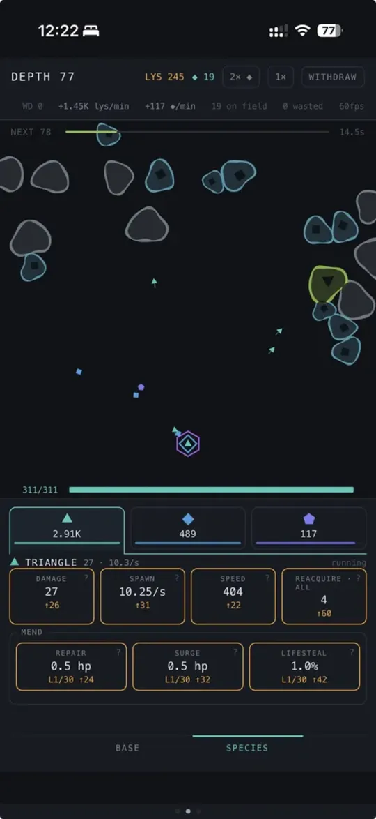 A battle at depth 77: enemy masses drifting toward the core, with species stats and mend upgrades below.