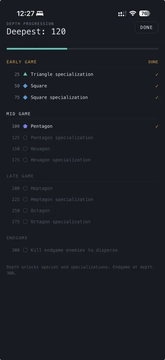 Depth progression: milestones from early game through endgame, unlocking new species and specializations.